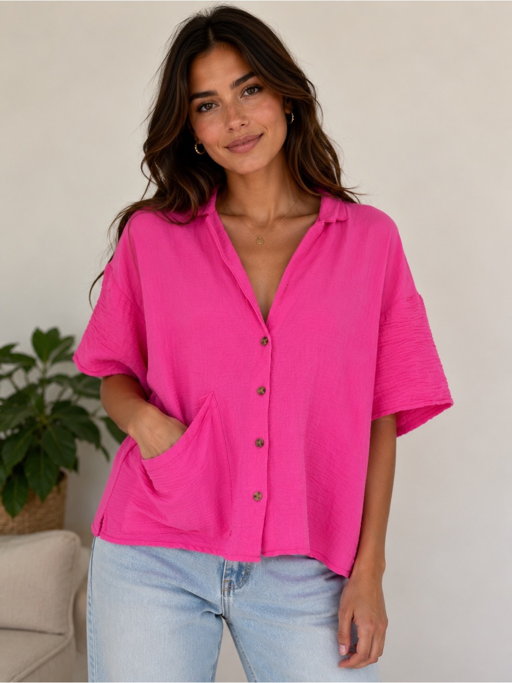 Relaxed Button-Front Shirt in Bright Pink